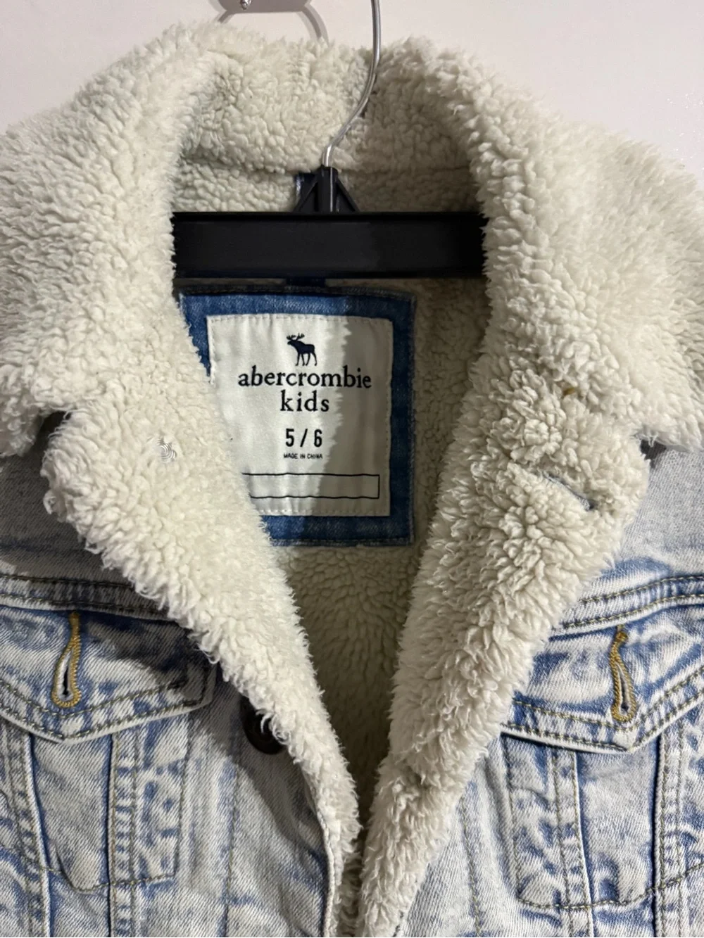 abercrombie kids Light Wash Denim Jacket with Off-White Sherpa Collar